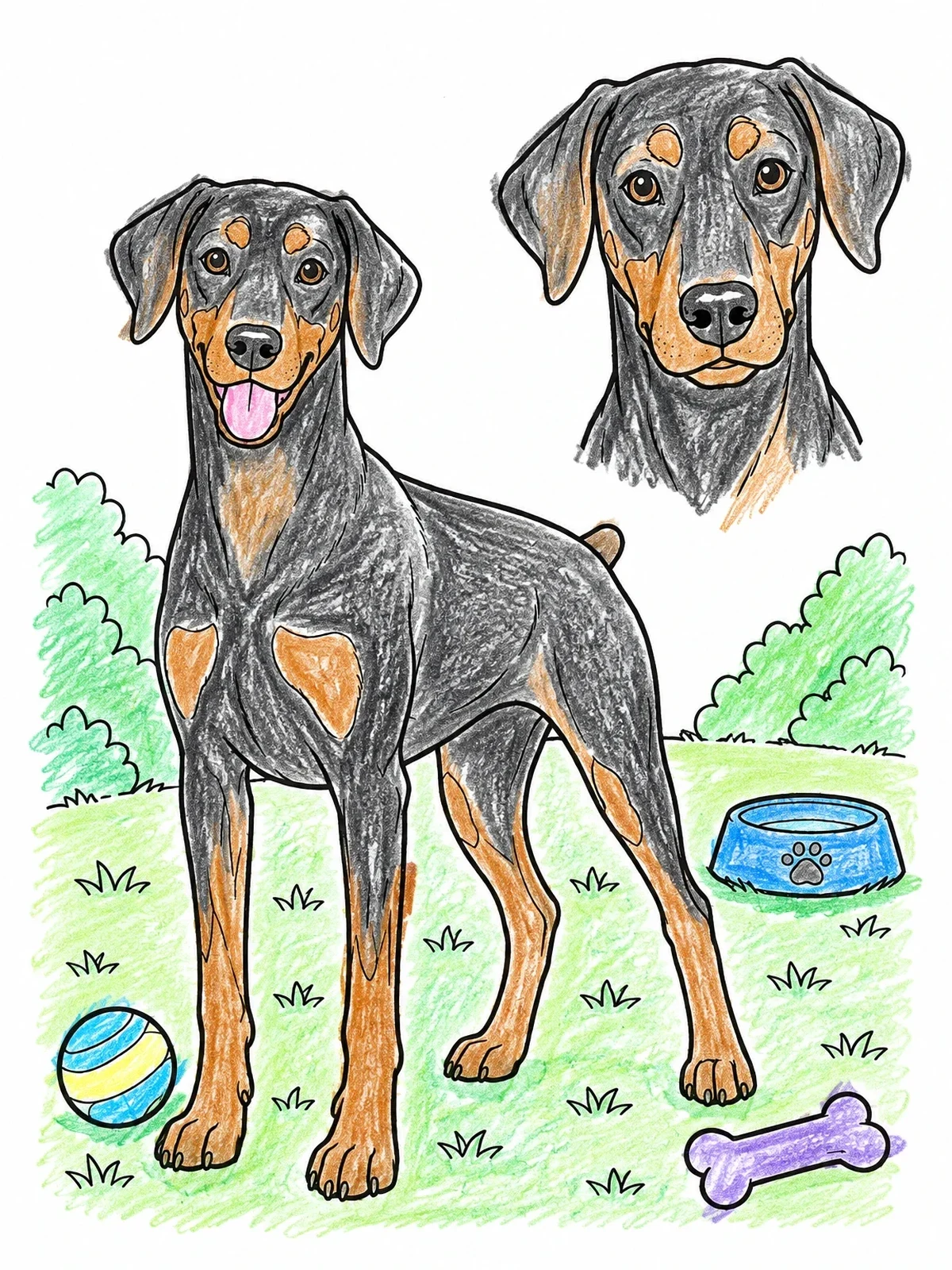 Colored example of the Playful Doberman With Toys And Portrait coloring page