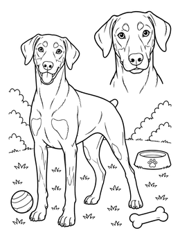 Free printable Playful Doberman With Toys And Portrait coloring page