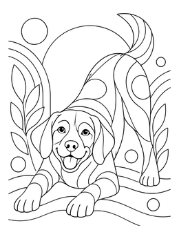 A cheerful puppy stretches happily on this dog coloring page surrounded by stylized nature patterns.