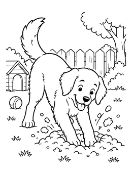 A cheerful puppy digs in the garden dirt in this fun dog coloring page.