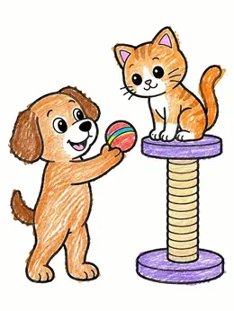 Playful Dog Offering Ball To Cat Coloring Page