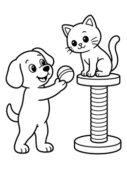 A friendly dog coloring page showing a pup holding a ball for a cute cat on a scratching post.