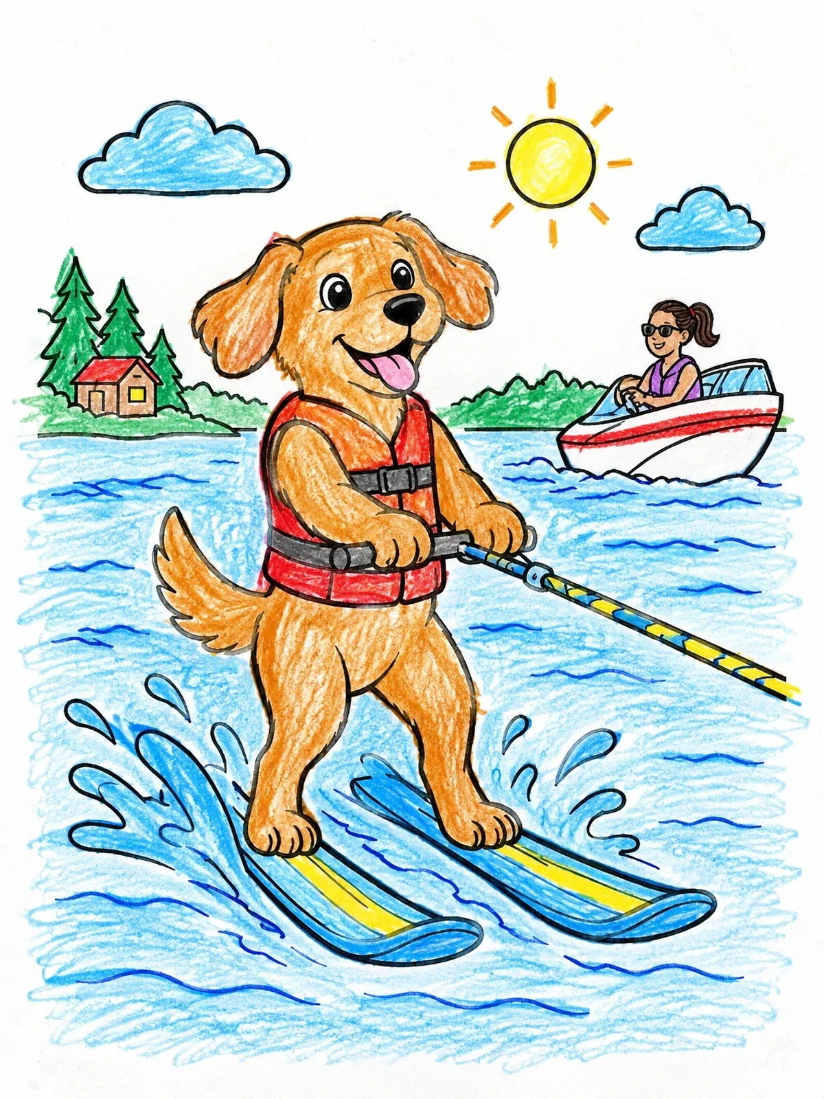 Colored example of the Playful Dog Water Skiing On Lake coloring page