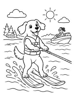 Free printable Playful Dog Water Skiing On Lake coloring page