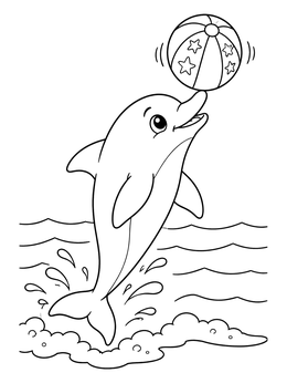 A cheerful dolphin coloring page featuring a dolphin balancing a ball above sea waves.