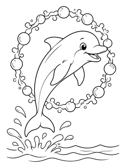 A cheerful dolphin coloring page featuring a dolphin leaping through a ring of bubbles and waves.