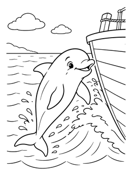 Free printable Playful Dolphin Leaping By A Wooden Boat coloring page