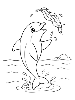A cheerful bottlenose dolphin tosses sea kelp in this lively dolphin coloring page.