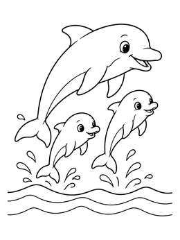 A cheerful dolphin coloring page featuring a mother dolphin jumping with two cute calves over waves.