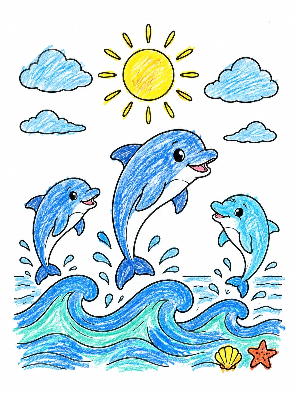 Colored example of the Playful Dolphins Under The Sun coloring page