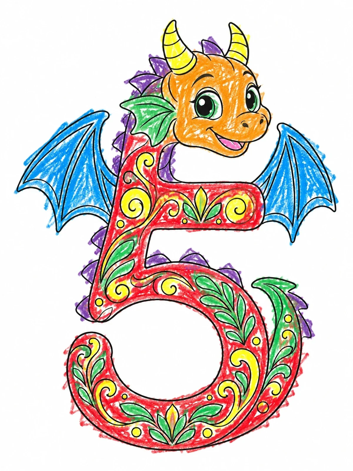 Colored example of the Playful Dragon Number Five coloring page