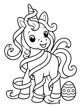 Free printable Playful Easter Unicorn With Ribbons coloring page