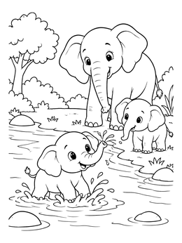 A cute elephant coloring page showing a playful baby elephant splashing in a river with its family.