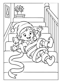 Free printable Playful Elf Sliding Down The Stairs coloring page