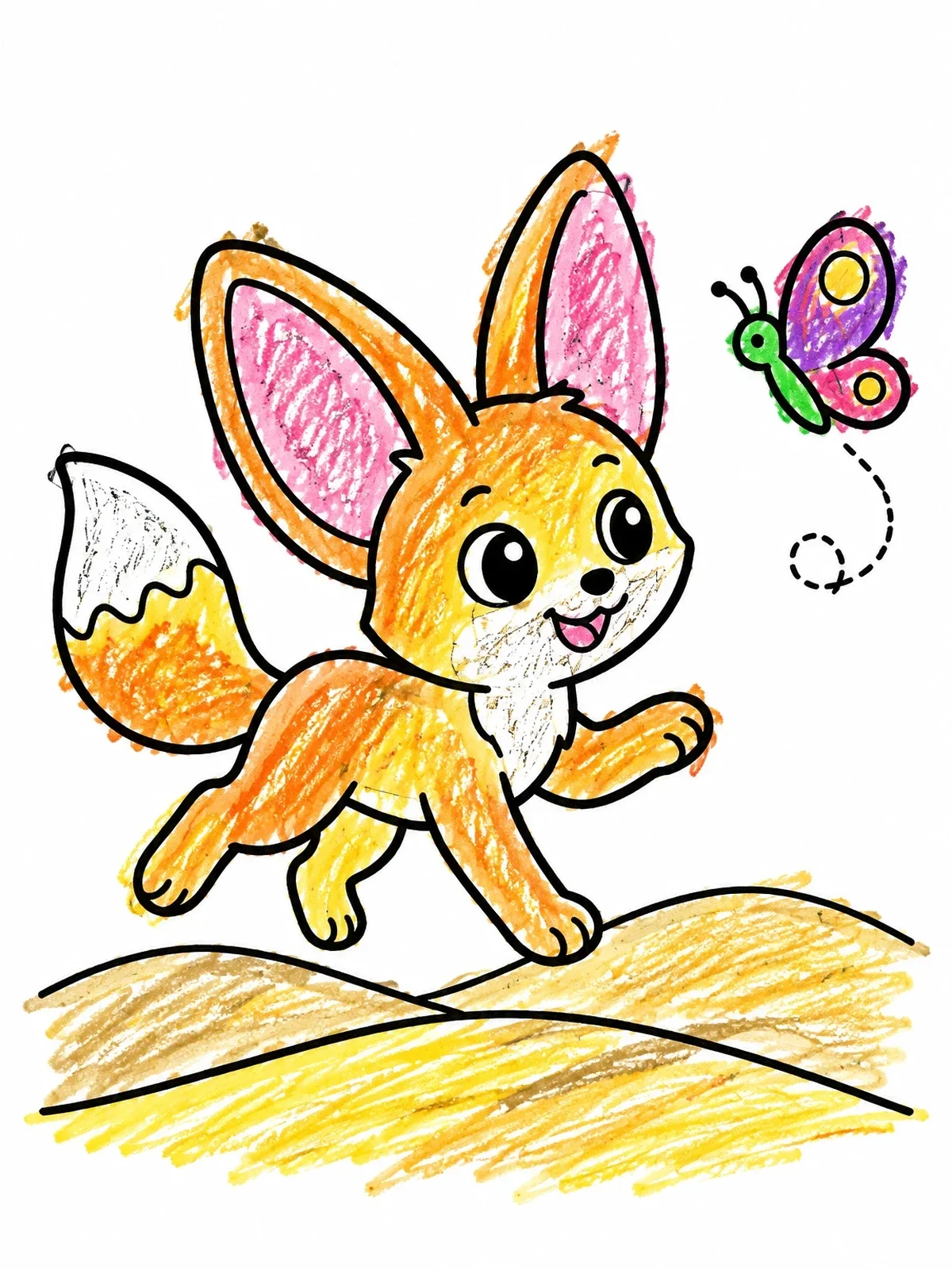 Colored example of the Playful Fennec Fox Chasing Butterfly coloring page