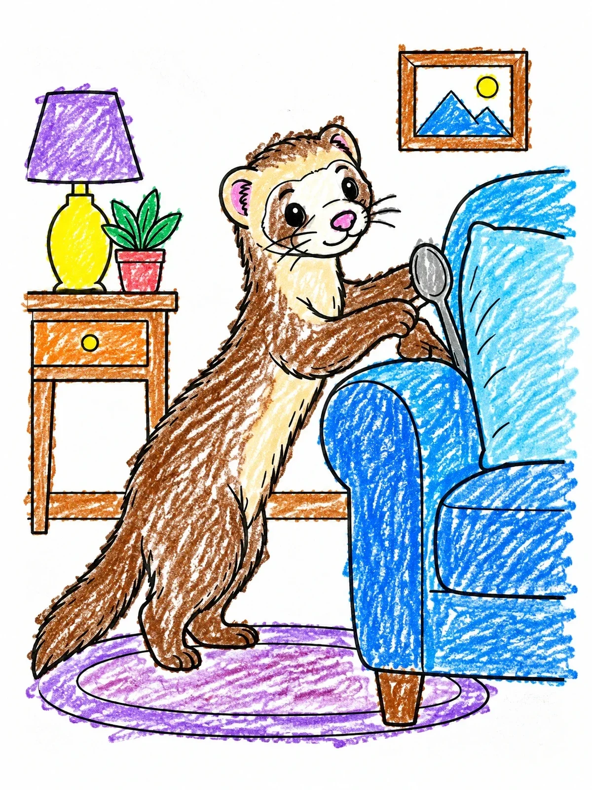 Colored example of the Playful Ferret Hiding A Spoon coloring page