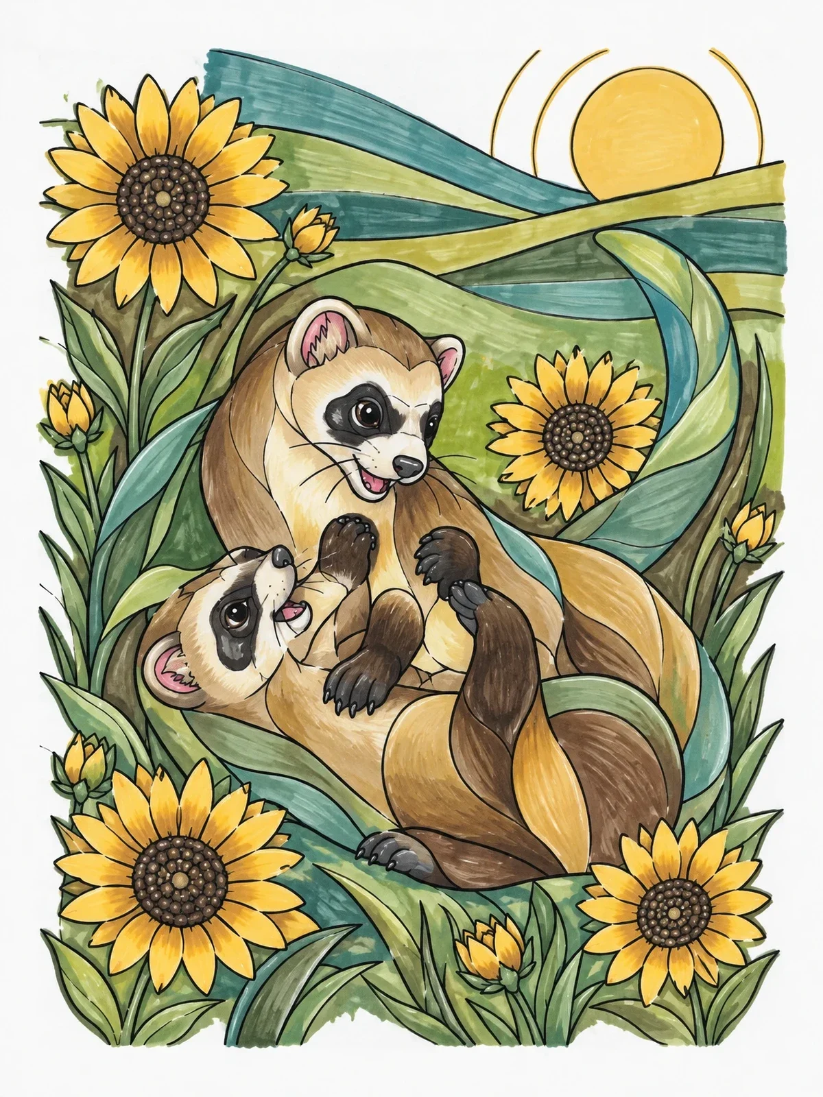 Colored example of the Playful Ferrets In Sunflower Field coloring page