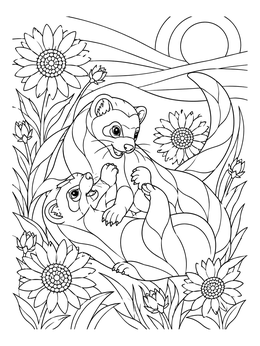 Free printable Playful Ferrets In Sunflower Field coloring page