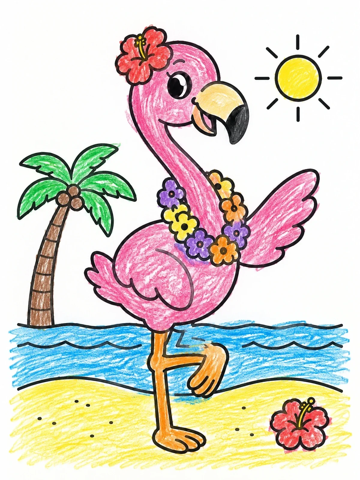 Colored example of the Playful Flamingo On The Beach coloring page