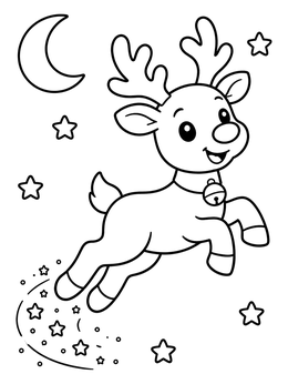 A cute reindeer coloring page with stars and a crescent moon in the night sky.