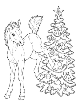 A playful foal kicking up its hind hooves by an outdoor tree on this christmas horse coloring page.