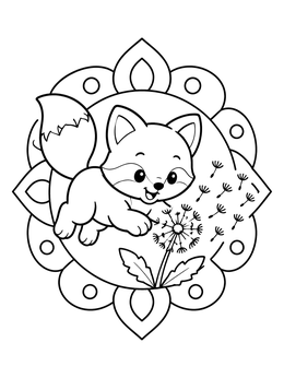 A playful little fox cub pounces on a dandelion in this cute fox coloring page.