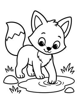 A cute fox coloring page featuring a small cub dipping its paw into a water puddle.
