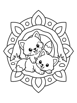 Free printable Playful Fox Cubs In Mandala Frame coloring page