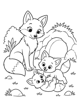 A mother fox watches two playful kits tumbling near their den in this fox coloring page.