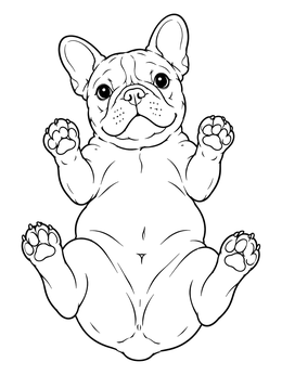A playful french bulldog coloring page showing the puppy lying on its back with paws up.
