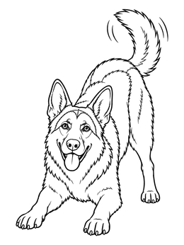 A playful german shepherd coloring page showing a dog doing an energetic play bow with a wagging tail.