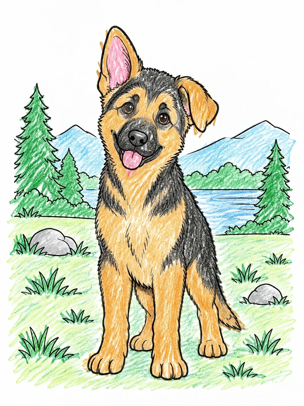 Colored example of the Playful German Shepherd Puppy Outdoors coloring page