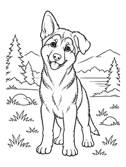 Happy german shepherd coloring page showing a cute puppy standing in a mountain landscape.