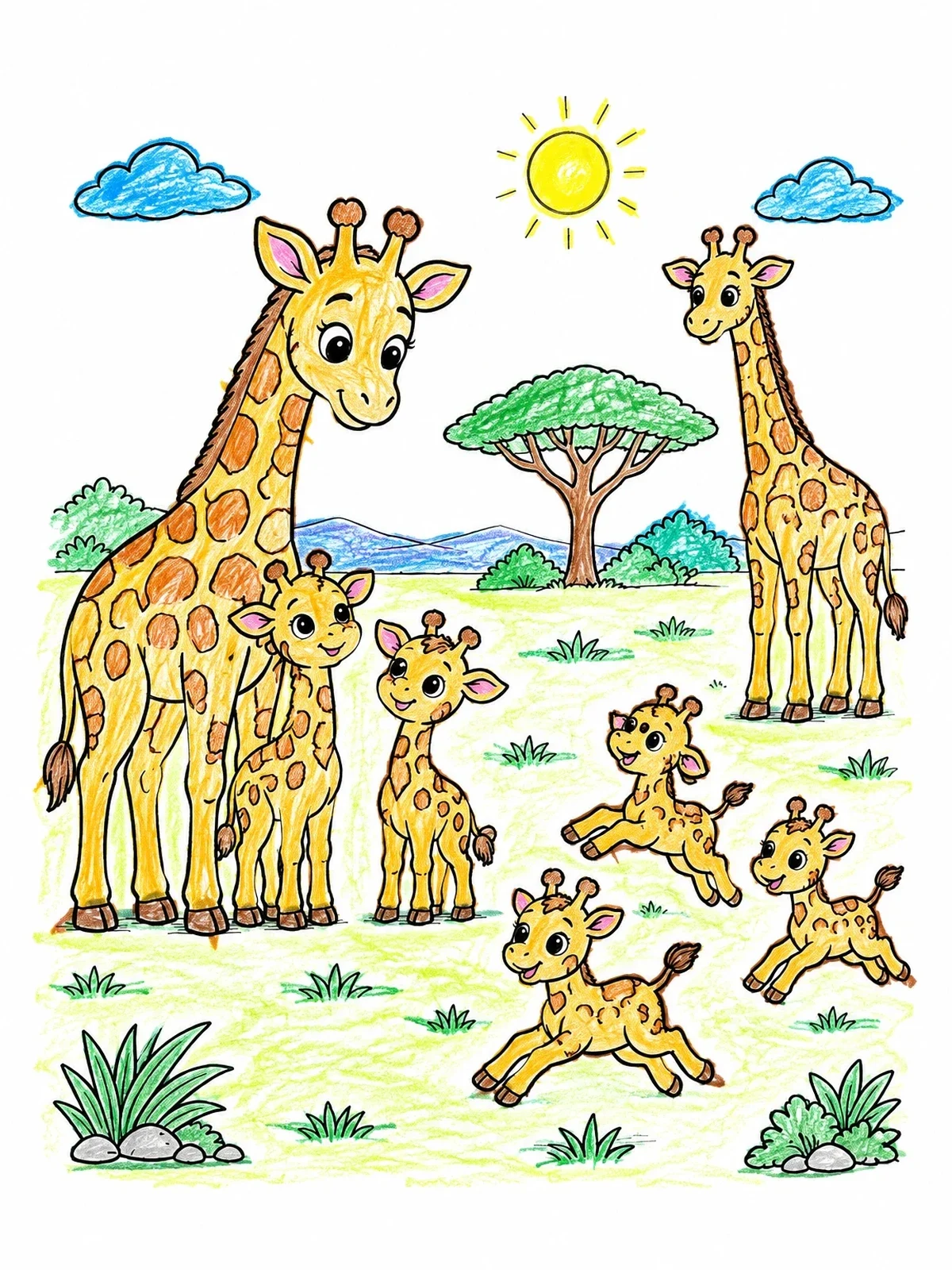 Colored example of the Playful Giraffe Calves On Savanna coloring page