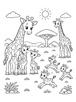 Savanna scene with adult giraffes and running calves in a giraffe coloring page.