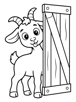 Free printable Playful Goat Behind Barn Door coloring page