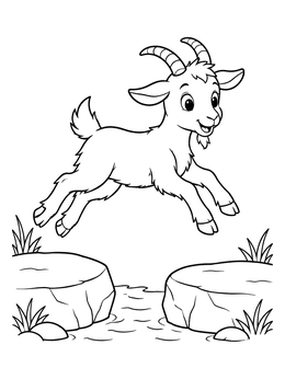 A cheerful baby goat leaps across a stream in this cute goat coloring page.