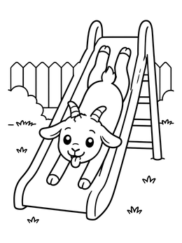 A cheerful goat coloring page showing a baby goat sliding headfirst down a slide with its tongue out.