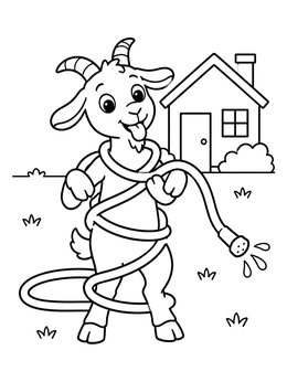 A cheerful goat coloring page showing a playful goat wrapped in a garden hose by a house.