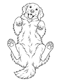 A happy dog lies belly-up on this playful golden retriever coloring page.