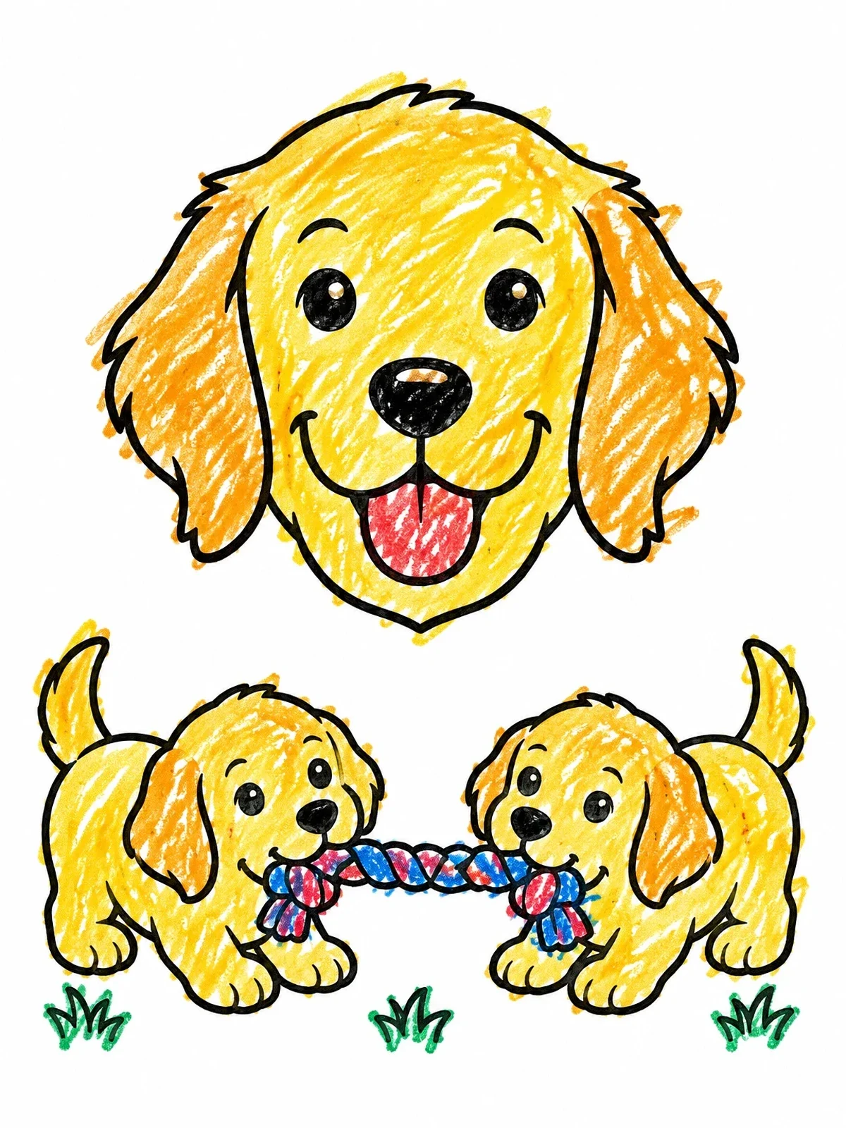Colored example of the Playful Golden Retriever Puppies Tug Toy coloring page