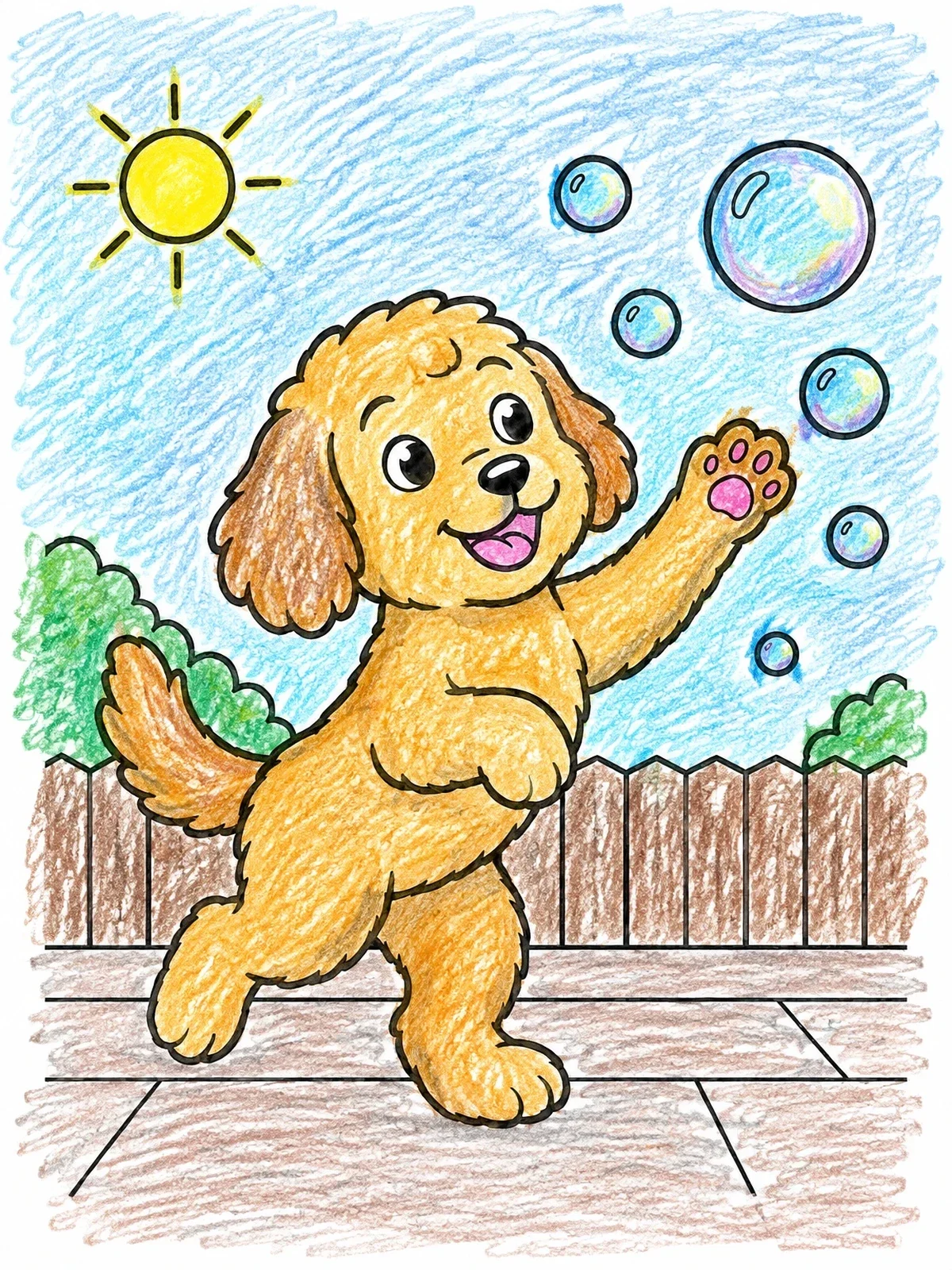 Colored example of the Playful Goldendoodle Chasing Bubbles coloring page
