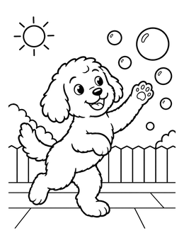 Free printable Playful Goldendoodle Chasing Bubbles coloring page