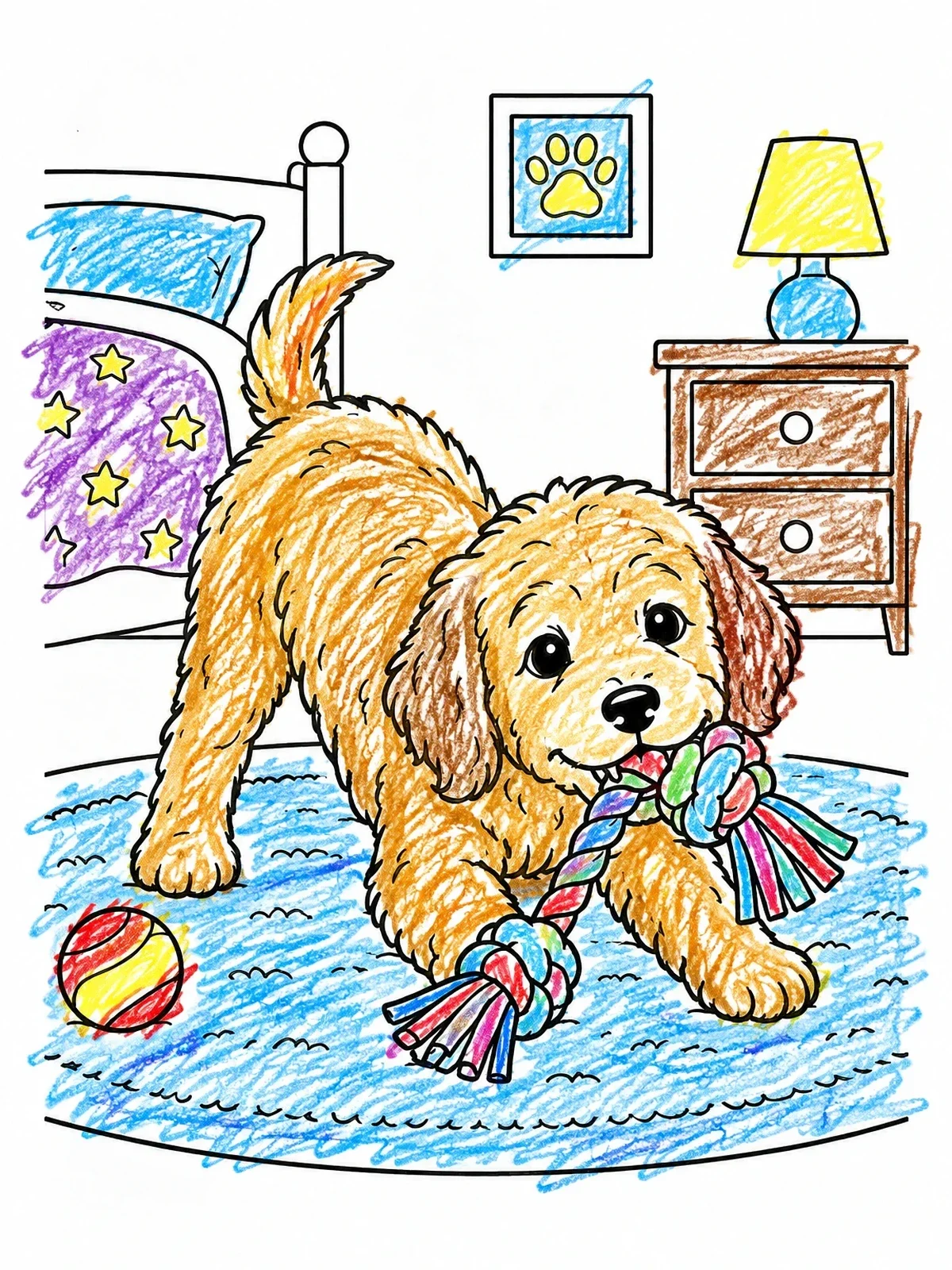 Colored example of the Playful Goldendoodle Puppy With Toy coloring page