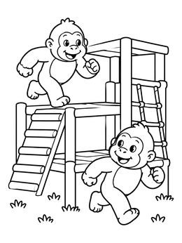 Two happy young apes run around a wooden gym on this gorilla coloring page.
