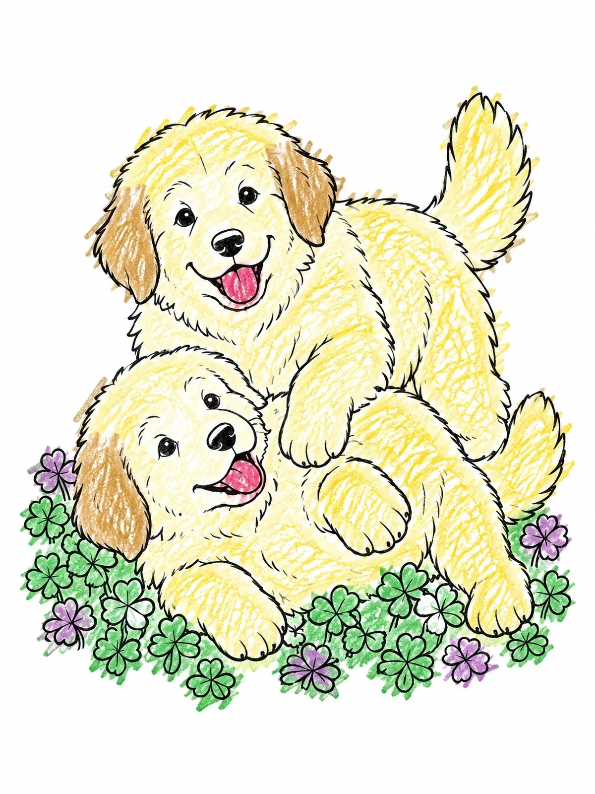 Colored example of the Playful Great Pyrenees Puppies In Clover coloring page