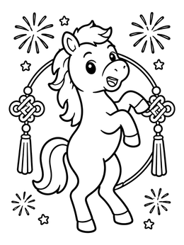 A festive horse coloring page featuring a cute rearing pony with tassels and fireworks.