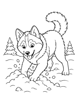 Free printable Playful Husky Digging In Snow coloring page