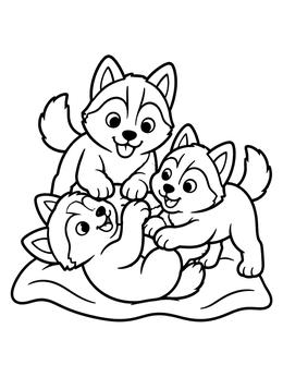 Three cute husky puppies play together on this cheerful husky coloring page.