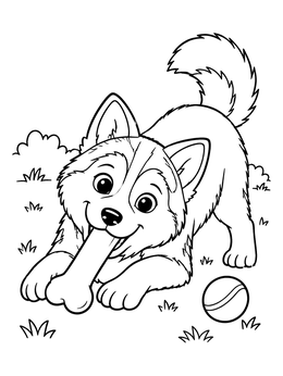 A cheerful puppy chews a bone on this cute husky coloring page outdoors.